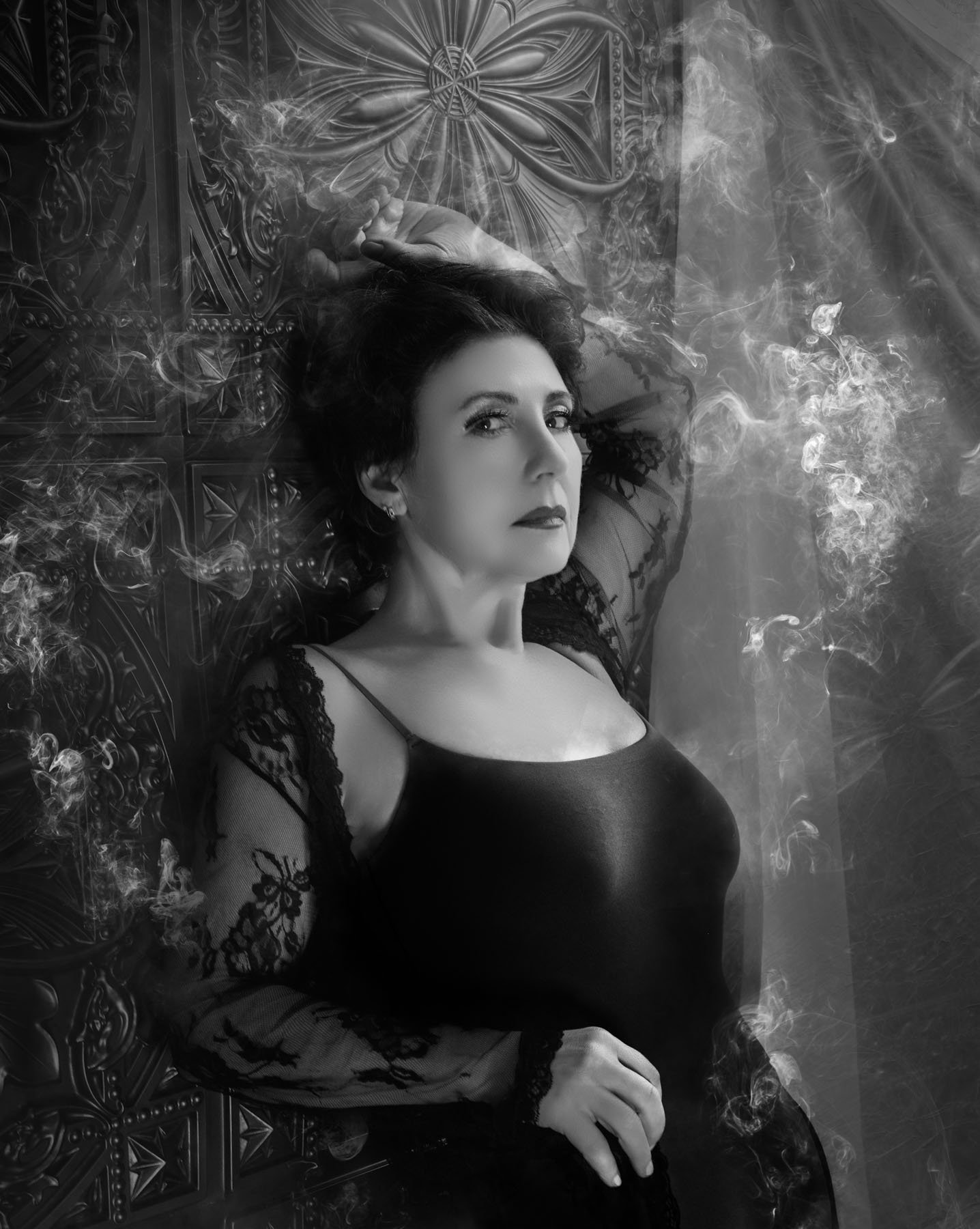 Black and white boudoir portrait of Aida, 60 years old, made by Paolo Portraits in Charleston SC