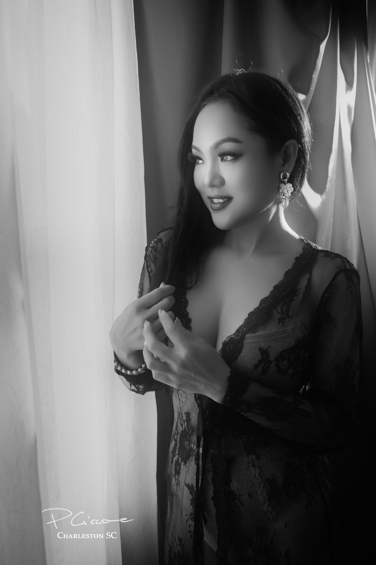 Romantic boudoir portrait in classic black and white by Paolo Portraits in Charleston SC