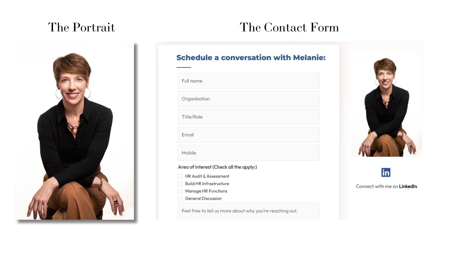 Melanie's contact page is personalized with one of her headshot made by Paolo Portraits