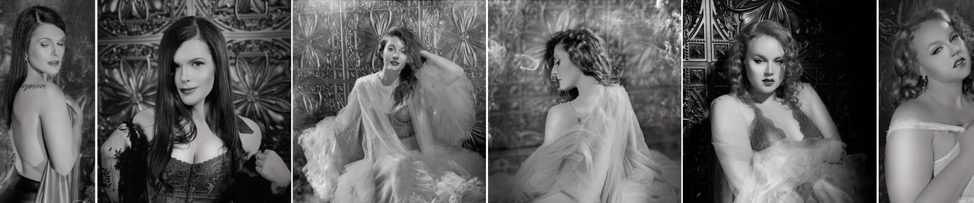 Group of 6 glamorous boudoir portraits in classic black and white by Paolo Portraits in Charleston SC