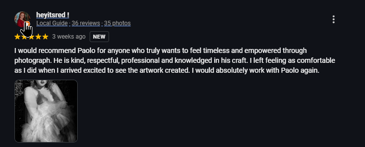 5-star review by Alicia about her portrait expererience at the studio of Paolo Portraits in Charleston 